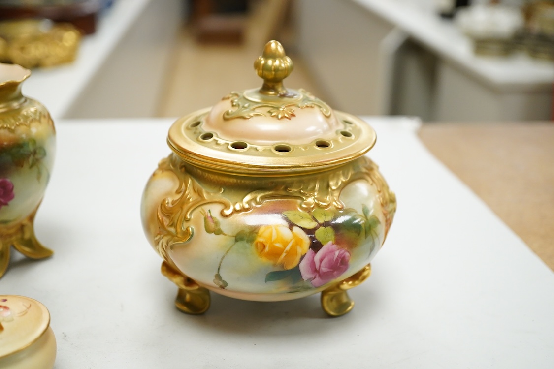 A group of Royal Worcester flower painted porcelain to include a pair vases signed M Hunt and a potpourri, largest 11cm high